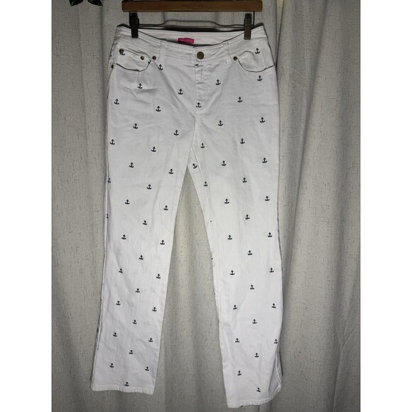 Lilly Pulitzer Sailor Pants Womens 8 White Anchor Embroidered Nautical Preppy - Picture 2 of 13